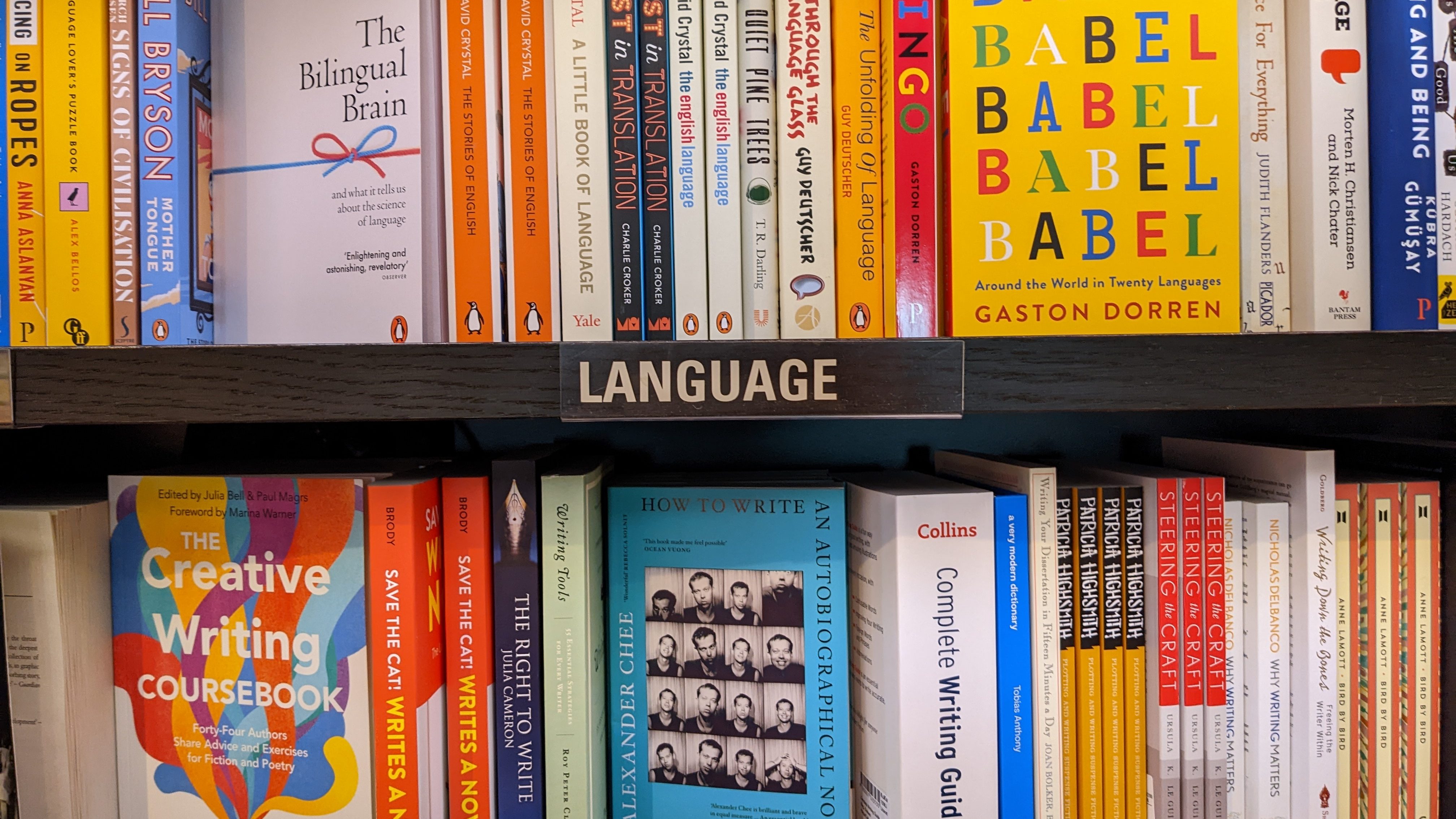 A bookstore shelf with book in the language section.